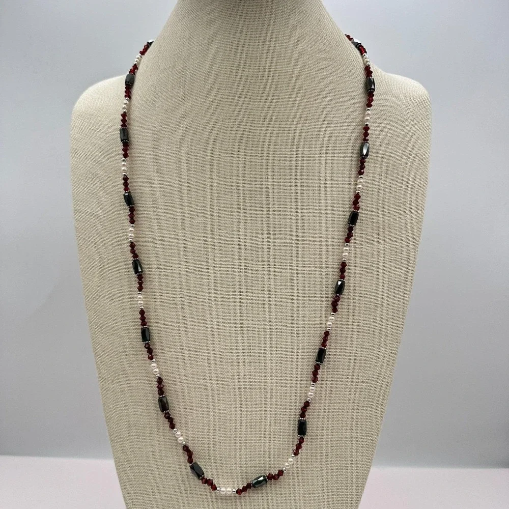 Vintage Y2K Silver Tone Faux Pearl Red Beaded‎ Necklace Women's Classic Jewelry